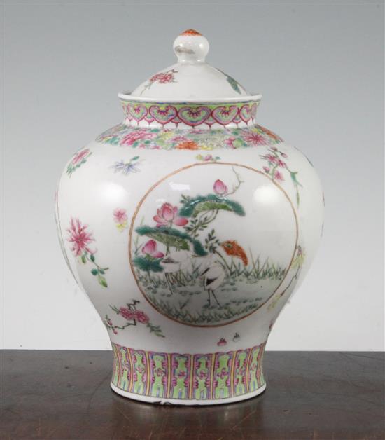 A Chinese famille rose baluster jar and cover, c.1910, 21.5cm